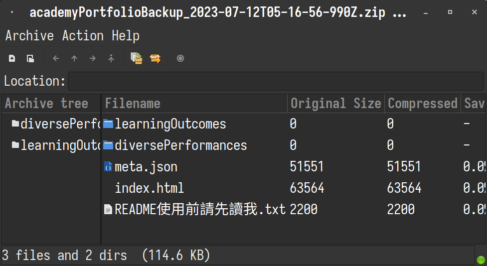 一個 zip 檢視器的視窗。視窗的標題是「academyPortfolioBackup_2023-07-12T05-16-56-990Z.zip ...」，視窗內顯示有兩個資料夾——分別叫做「learningOutcomes」與「diversePerformances」——跟三個檔案————分別叫做「meta.json」、「index.html」與「README使用前請讀我.txt」。